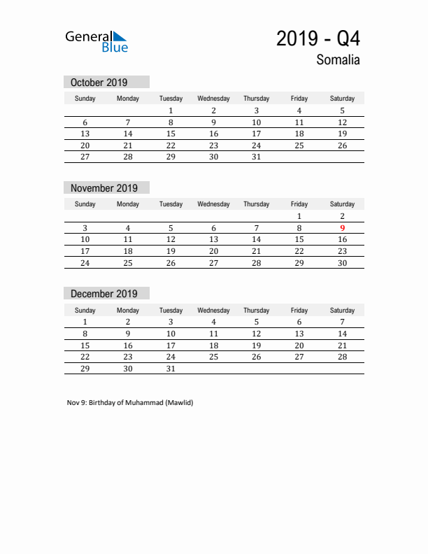 Somalia Quarter 4 2019 Calendar with Holidays