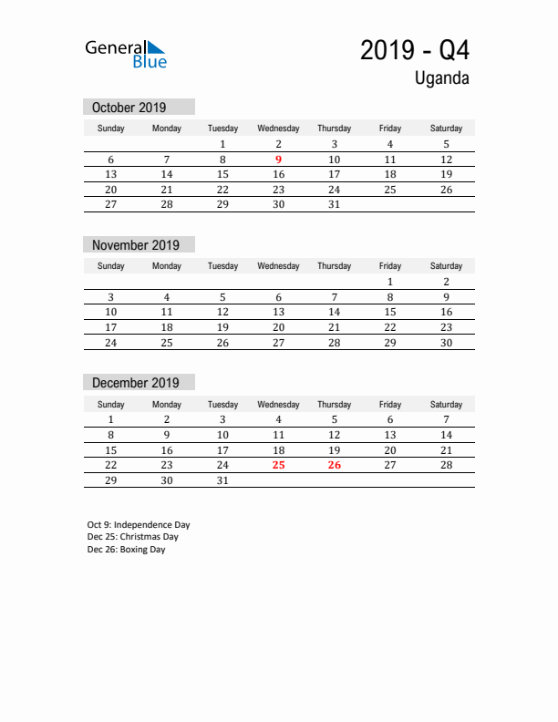 Uganda Quarter 4 2019 Calendar with Holidays