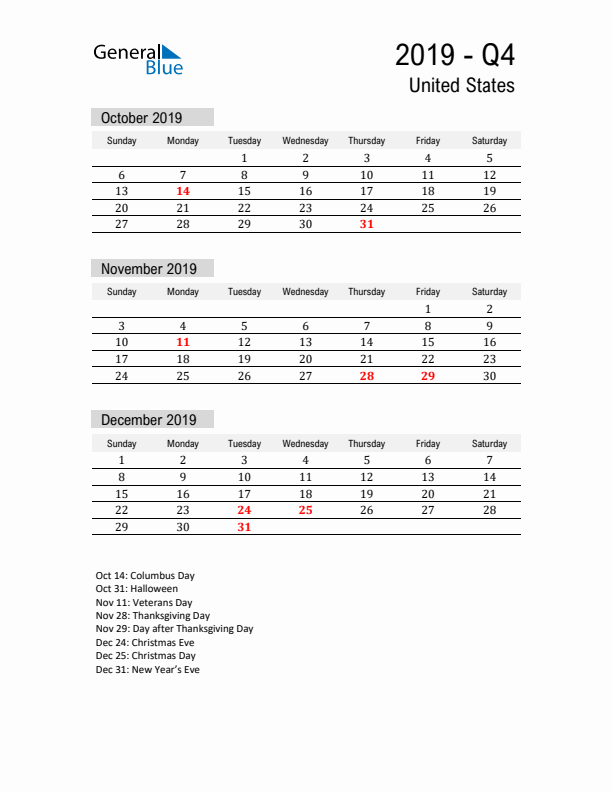 United States Quarter 4 2019 Calendar with Holidays