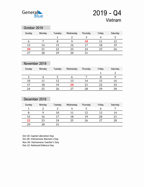 Vietnam Quarter 4 2019 Calendar with Holidays