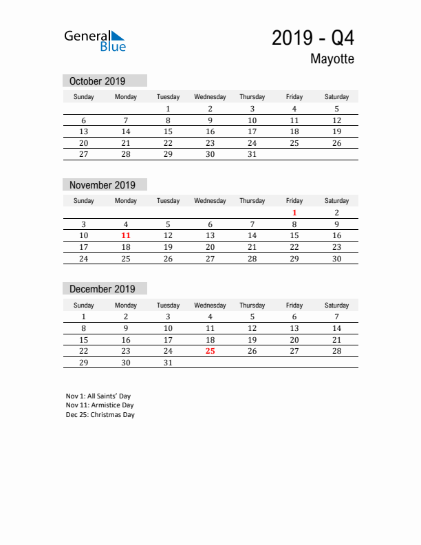 Mayotte Quarter 4 2019 Calendar with Holidays