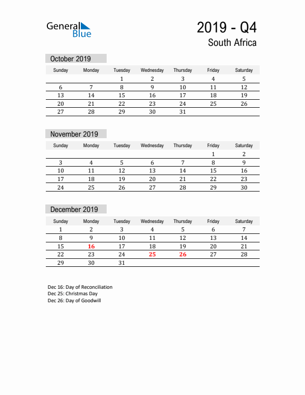 South Africa Quarter 4 2019 Calendar with Holidays