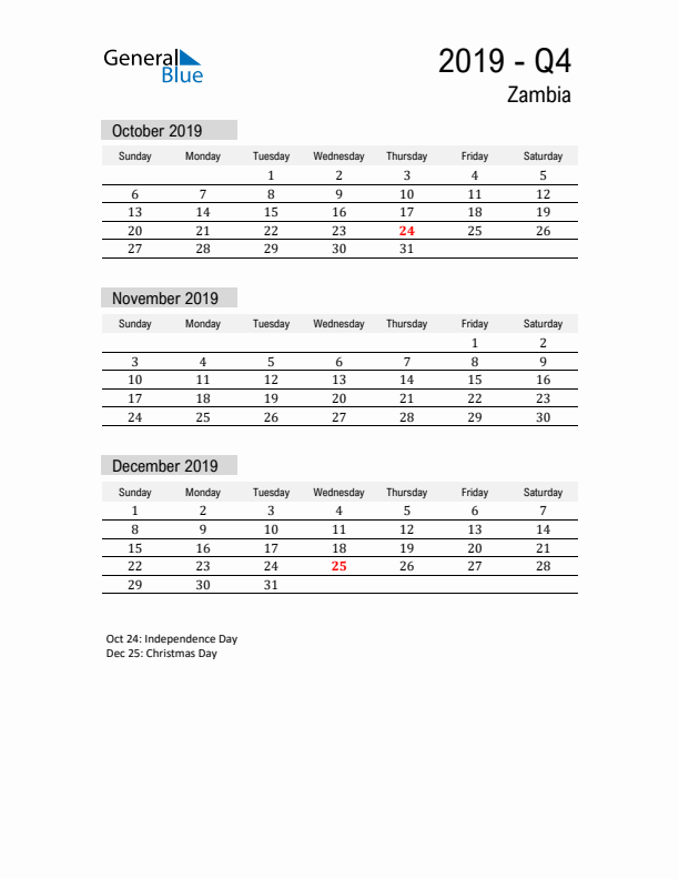 Zambia Quarter 4 2019 Calendar with Holidays