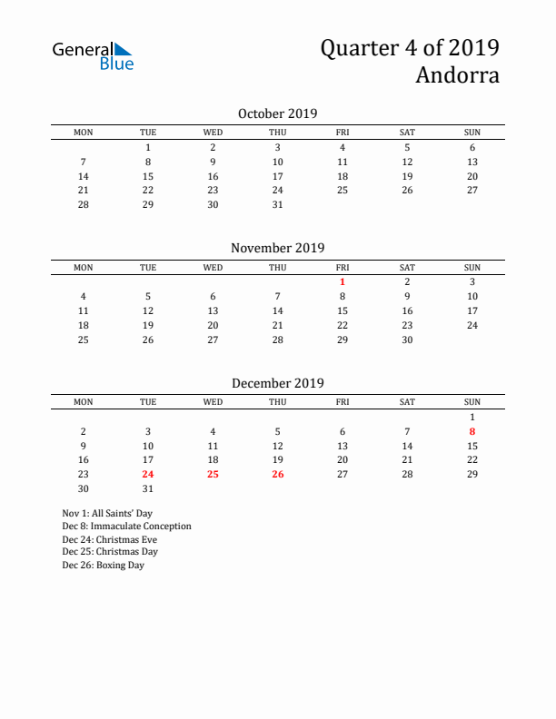 Quarter 4 2019 Andorra Quarterly Calendar