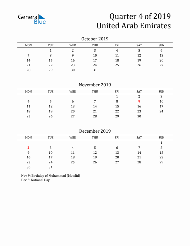 Quarter 4 2019 United Arab Emirates Quarterly Calendar