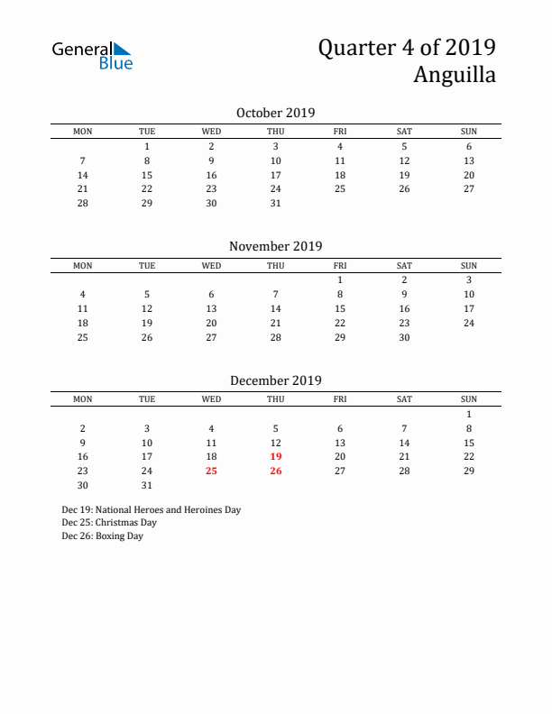 Quarter 4 2019 Anguilla Quarterly Calendar