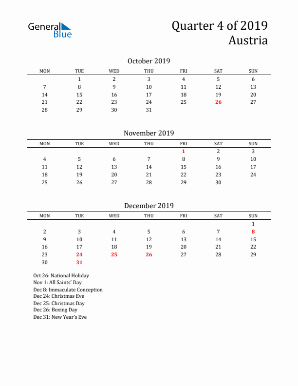 Quarter 4 2019 Austria Quarterly Calendar