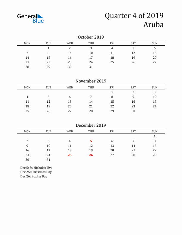 Quarter 4 2019 Aruba Quarterly Calendar