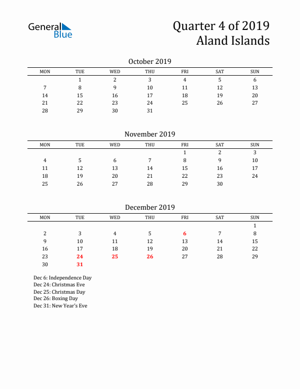 Quarter 4 2019 Aland Islands Quarterly Calendar