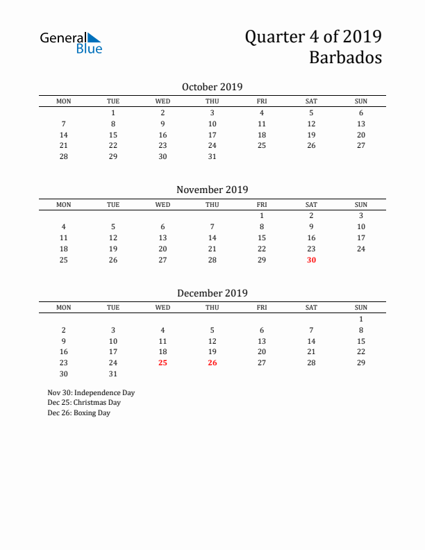 Quarter 4 2019 Barbados Quarterly Calendar