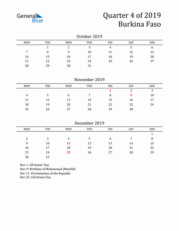 Quarter 4 2019 Burkina Faso Quarterly Calendar