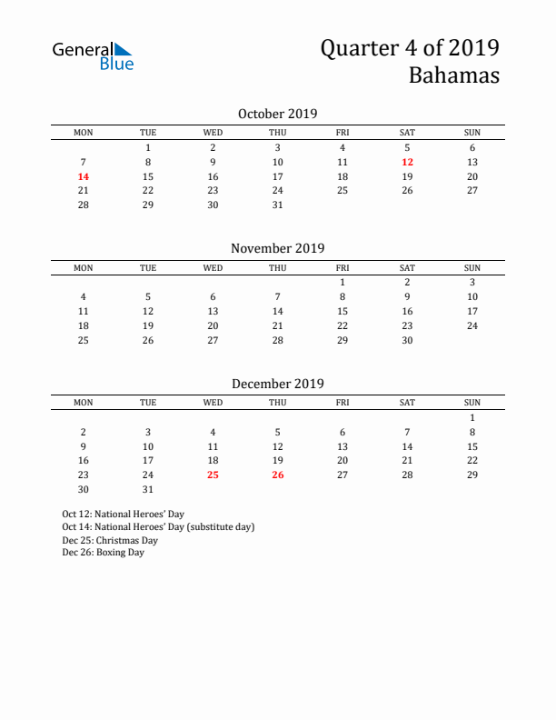 Quarter 4 2019 Bahamas Quarterly Calendar