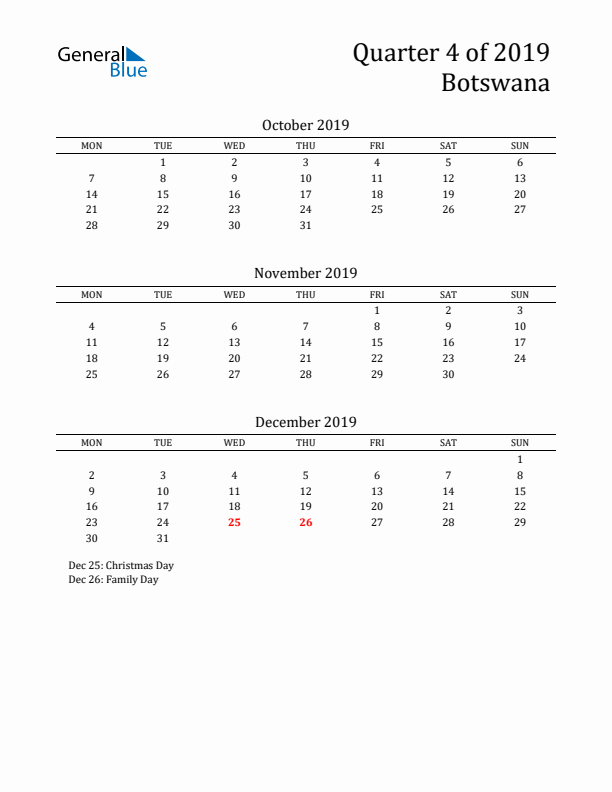 Quarter 4 2019 Botswana Quarterly Calendar