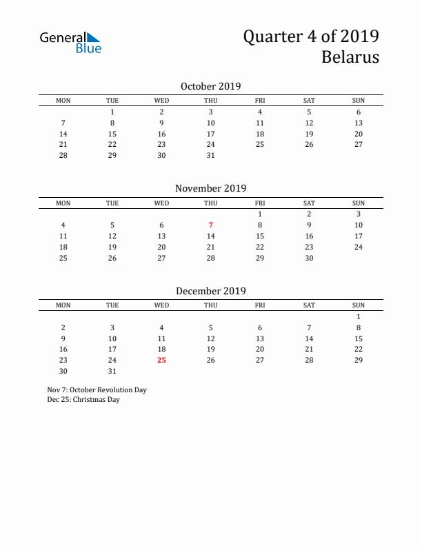 Quarter 4 2019 Belarus Quarterly Calendar