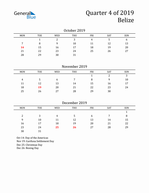 Quarter 4 2019 Belize Quarterly Calendar