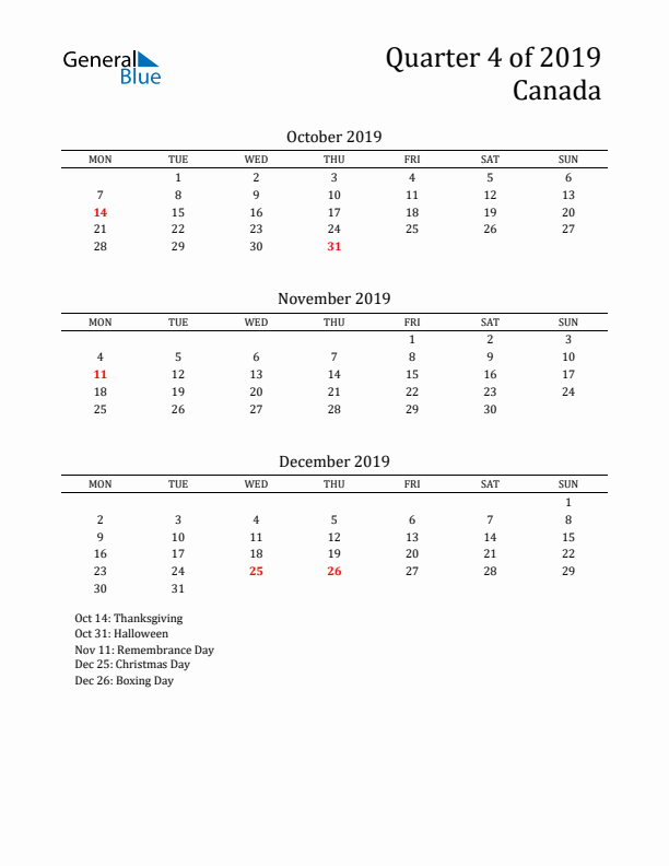 Quarter 4 2019 Canada Quarterly Calendar