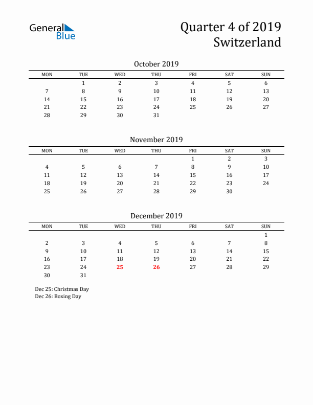 Quarter 4 2019 Switzerland Quarterly Calendar