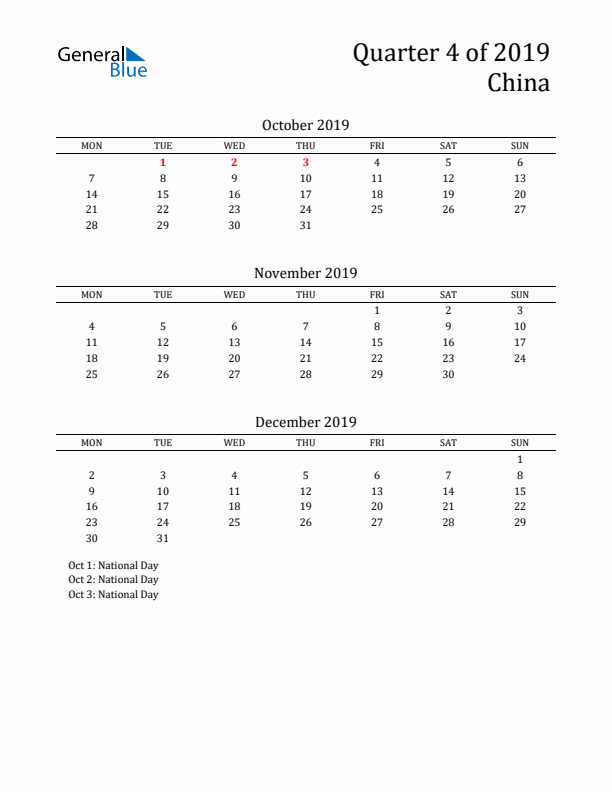 Quarter 4 2019 China Quarterly Calendar