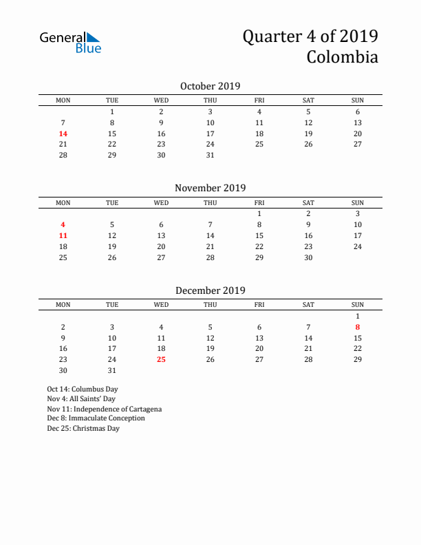 Quarter 4 2019 Colombia Quarterly Calendar