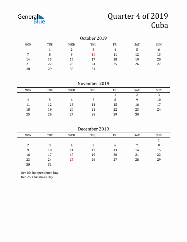 Quarter 4 2019 Cuba Quarterly Calendar