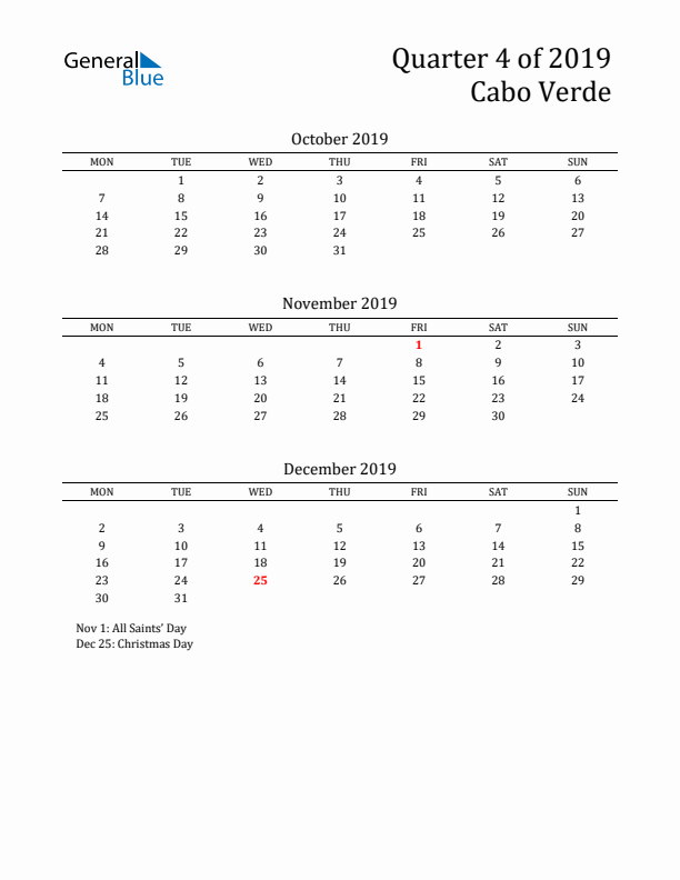 Quarter 4 2019 Cabo Verde Quarterly Calendar