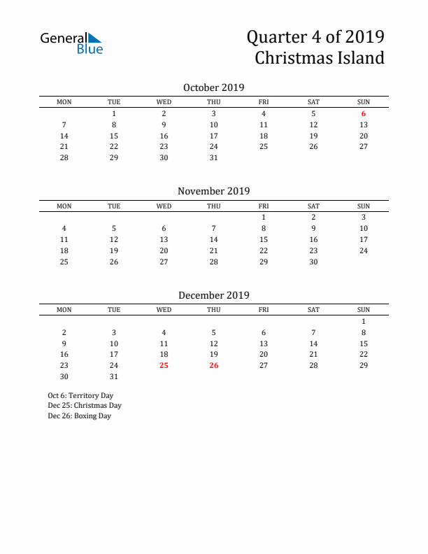 Quarter 4 2019 Christmas Island Quarterly Calendar