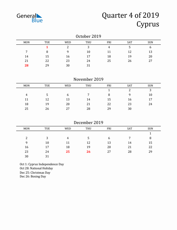 Quarter 4 2019 Cyprus Quarterly Calendar