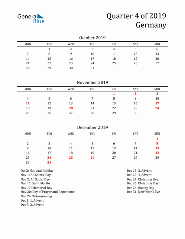 Quarter 4 2019 Germany Quarterly Calendar