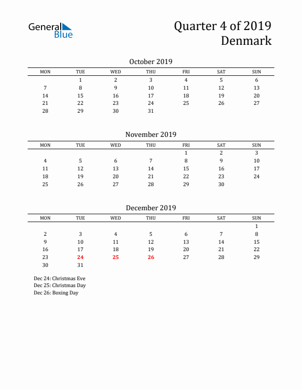 Quarter 4 2019 Denmark Quarterly Calendar