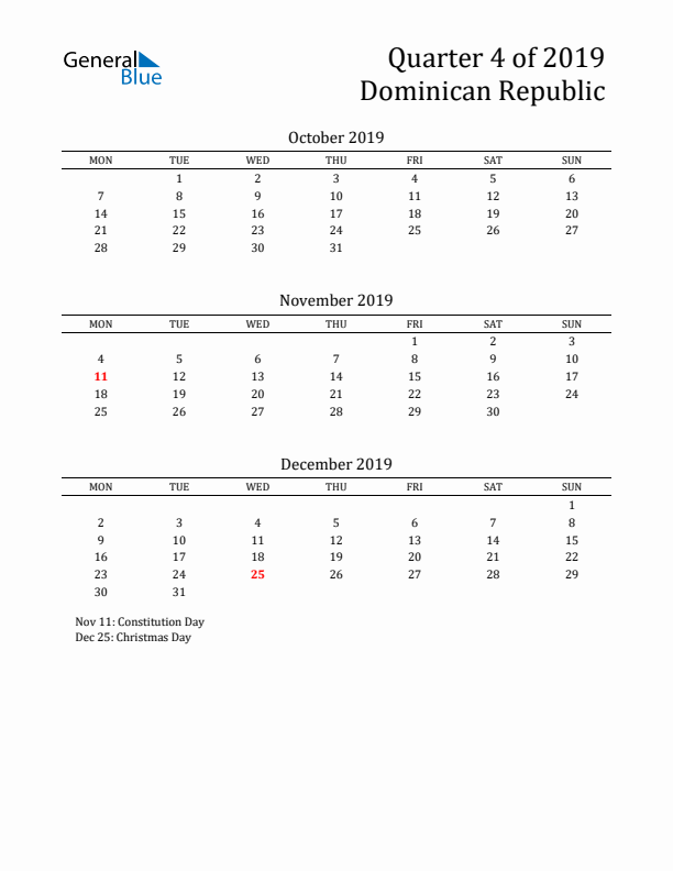 Quarter 4 2019 Dominican Republic Quarterly Calendar