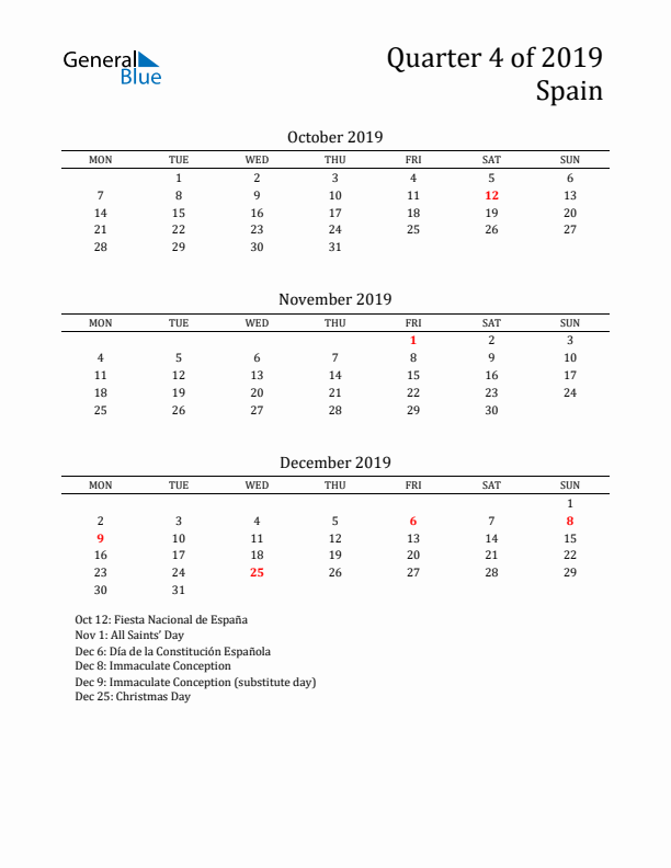 Quarter 4 2019 Spain Quarterly Calendar