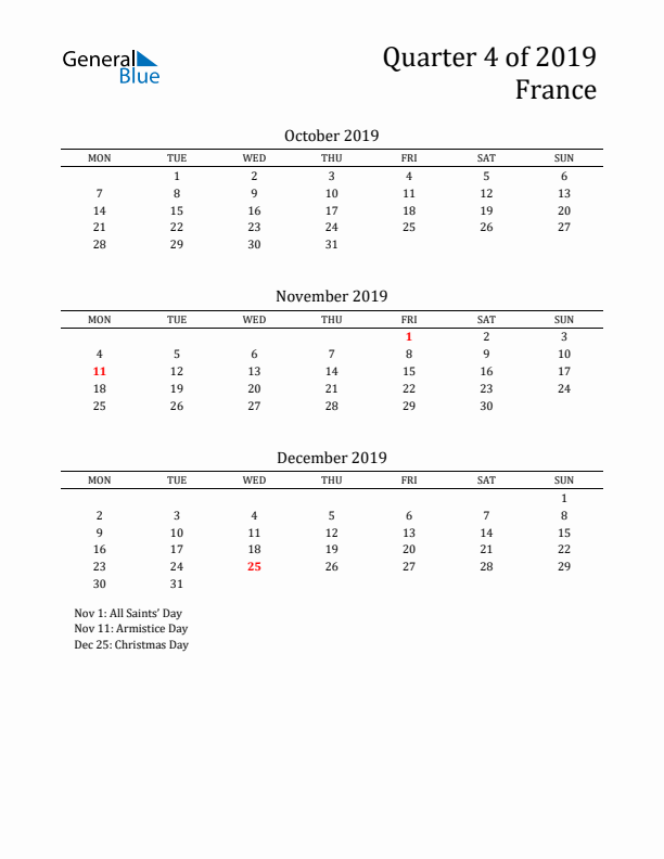 Quarter 4 2019 France Quarterly Calendar