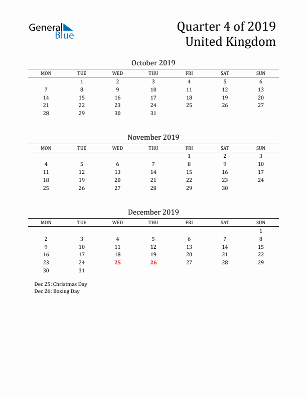 Quarter 4 2019 United Kingdom Quarterly Calendar