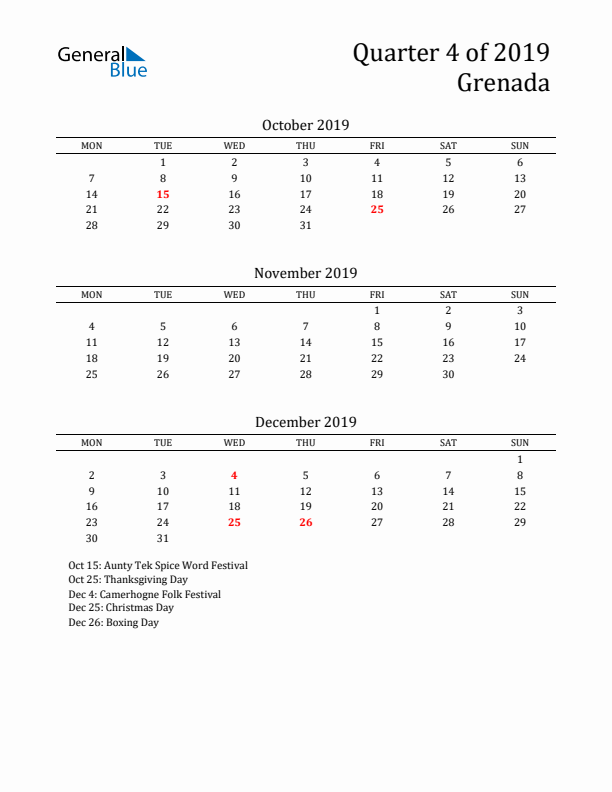 Quarter 4 2019 Grenada Quarterly Calendar