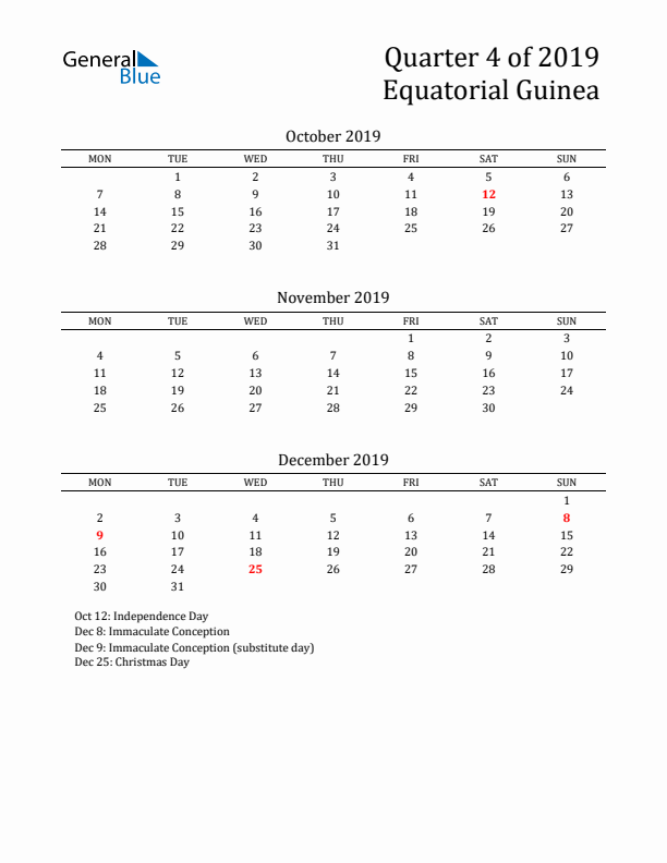 Quarter 4 2019 Equatorial Guinea Quarterly Calendar