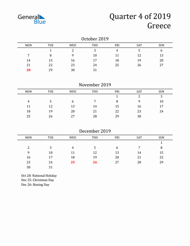 Quarter 4 2019 Greece Quarterly Calendar