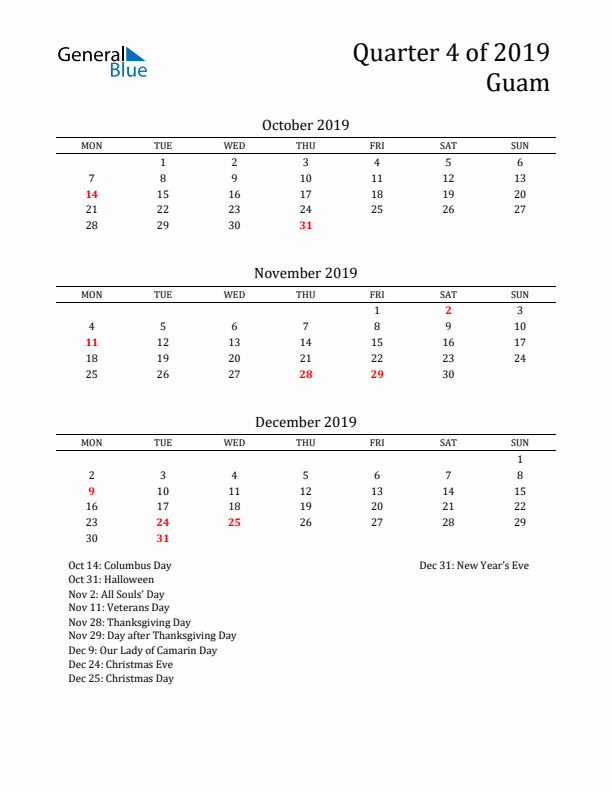 Quarter 4 2019 Guam Quarterly Calendar