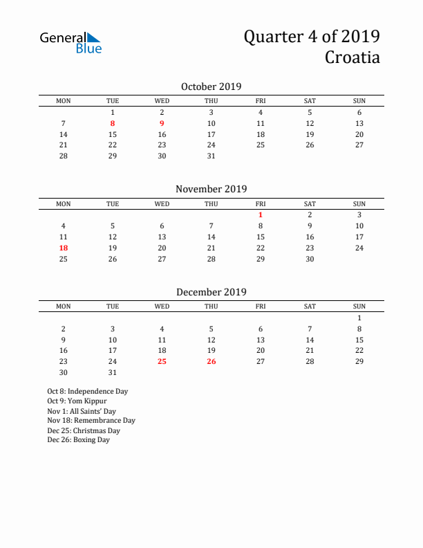 Quarter 4 2019 Croatia Quarterly Calendar