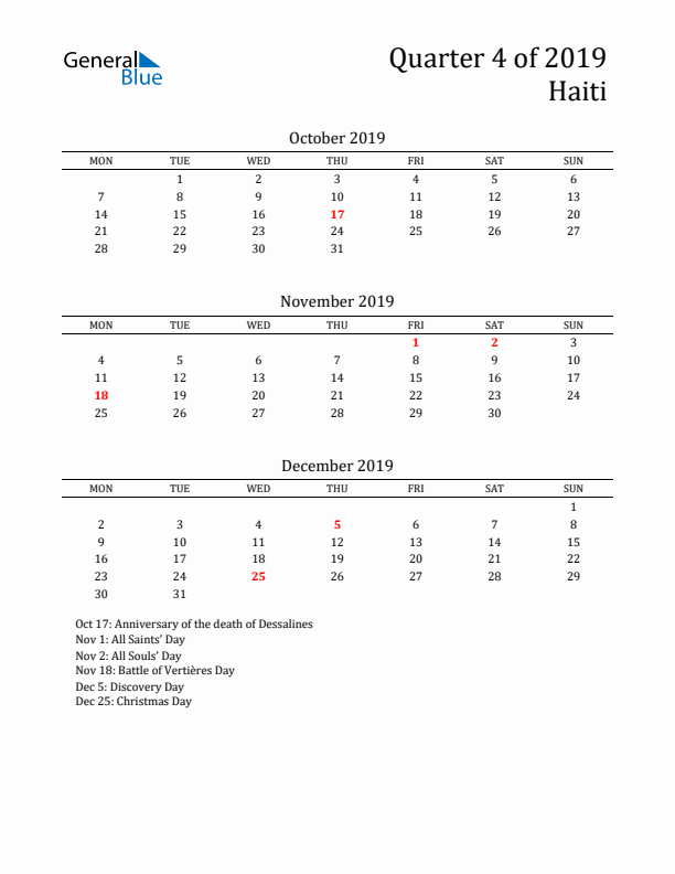 Quarter 4 2019 Haiti Quarterly Calendar