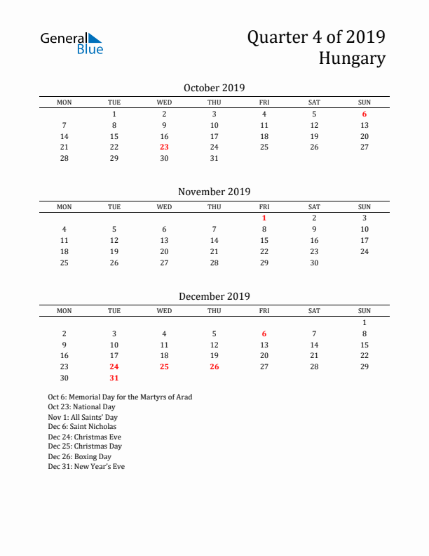 Quarter 4 2019 Hungary Quarterly Calendar