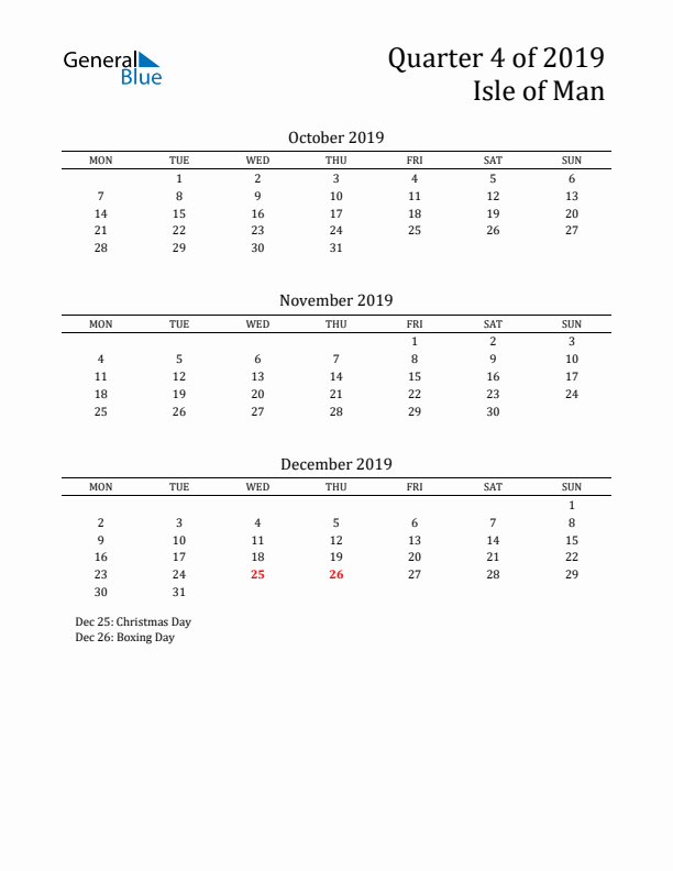 Quarter 4 2019 Isle of Man Quarterly Calendar