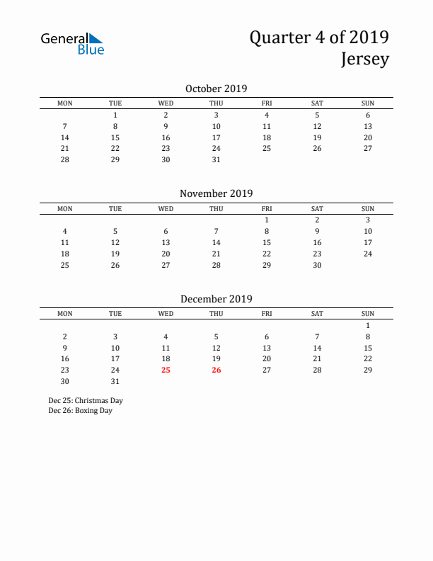 Quarter 4 2019 Jersey Quarterly Calendar