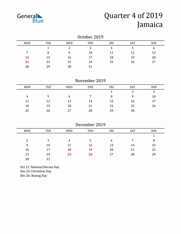 Quarter 4 2019 Jamaica Quarterly Calendar