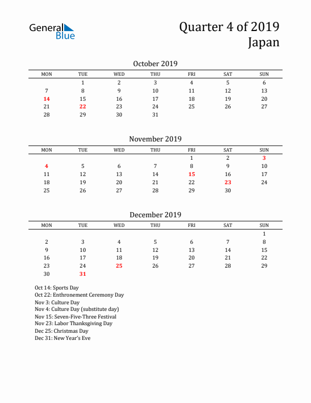 Quarter 4 2019 Japan Quarterly Calendar