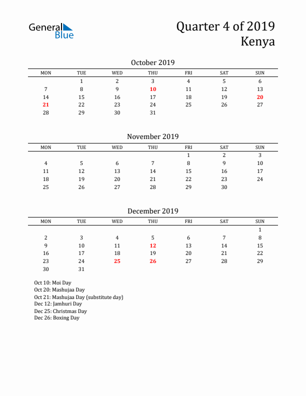 Quarter 4 2019 Kenya Quarterly Calendar