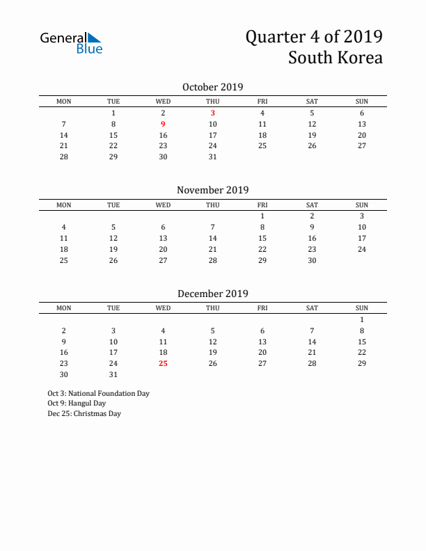 Quarter 4 2019 South Korea Quarterly Calendar