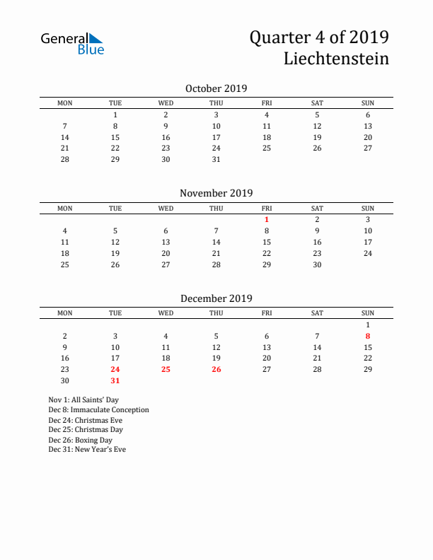 Quarter 4 2019 Liechtenstein Quarterly Calendar