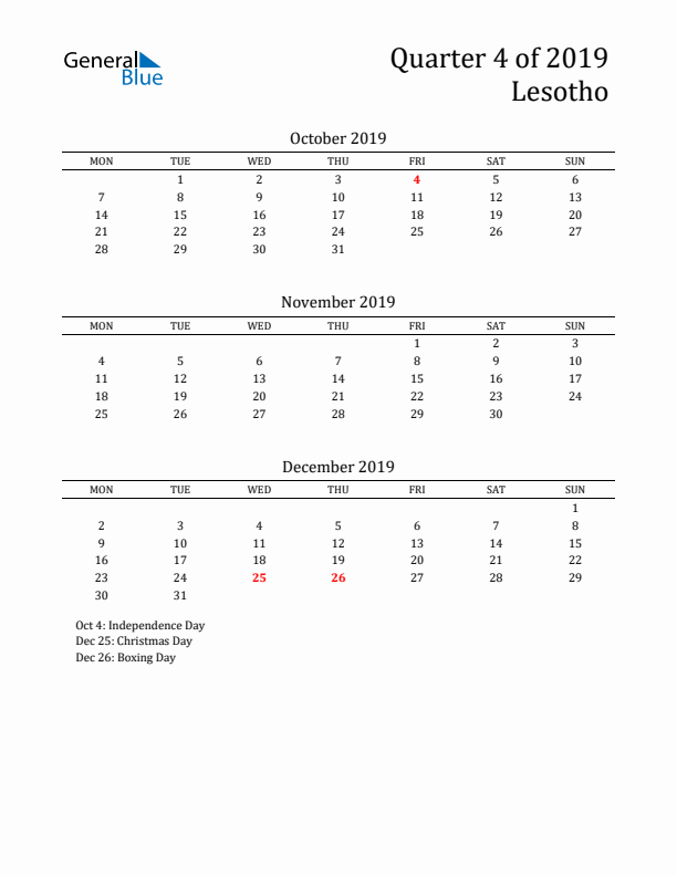 Quarter 4 2019 Lesotho Quarterly Calendar