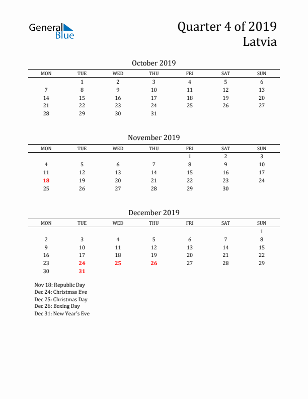 Quarter 4 2019 Latvia Quarterly Calendar