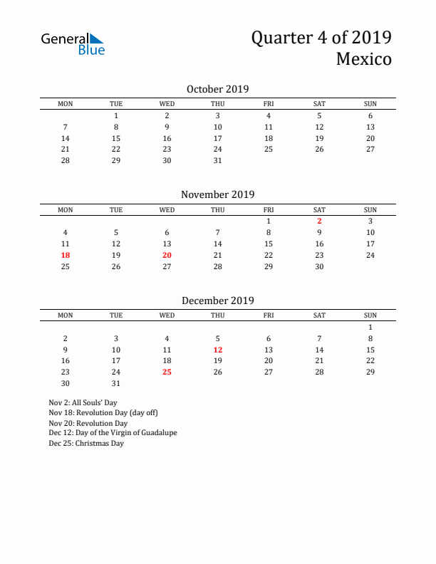 Quarter 4 2019 Mexico Quarterly Calendar